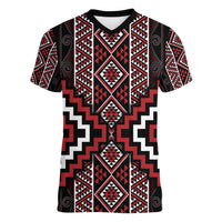 Red Tukutuku Pattern Aotearoa Women V-Neck T-Shirt Niho Taniwha and Puhoro Motifs