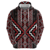 Red Tukutuku Pattern Aotearoa Zip Hoodie Niho Taniwha and Puhoro Motifs LT7 - Polynesian Pride