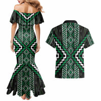 Jade Tukutuku Pattern Aotearoa Couples Matching Mermaid Dress and Hawaiian Shirt Niho Taniwha and Puhoro Motifs