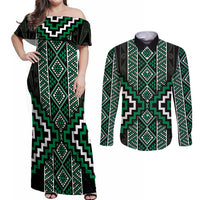 Jade Tukutuku Pattern Aotearoa Couples Matching Off Shoulder Maxi Dress and Long Sleeve Button Shirt Niho Taniwha and Puhoro Motifs LT7 Green - Polynesian Pride