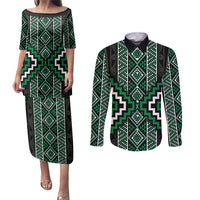 Jade Tukutuku Pattern Aotearoa Couples Matching Puletasi and Long Sleeve Button Shirt Niho Taniwha and Puhoro Motifs LT7 Green - Polynesian Pride