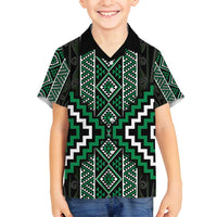 Jade Tukutuku Pattern Aotearoa Family Matching Tank Maxi Dress and Hawaiian Shirt Niho Taniwha and Puhoro Motifs LT7 Son's Shirt Green - Polynesian Pride