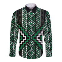 Jade Tukutuku Pattern Aotearoa Long Sleeve Button Shirt Niho Taniwha and Puhoro Motifs LT7 Unisex Green - Polynesian Pride