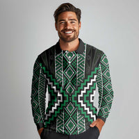 Jade Tukutuku Pattern Aotearoa Long Sleeve Polo Shirt Niho Taniwha and Puhoro Motifs