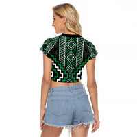 Jade Tukutuku Pattern Aotearoa Raglan Cropped T Shirt Niho Taniwha and Puhoro Motifs