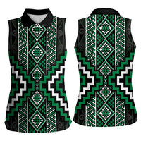 Jade Tukutuku Pattern Aotearoa Women Sleeveless Polo Shirt Niho Taniwha and Puhoro Motifs