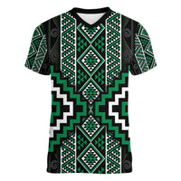 Jade Tukutuku Pattern Aotearoa Women V-Neck T-Shirt Niho Taniwha and Puhoro Motifs