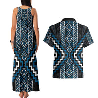 Azure Tukutuku Pattern Aotearoa Couples Matching Tank Maxi Dress and Hawaiian Shirt Niho Taniwha and Puhoro Motifs