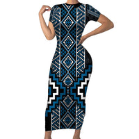 Azure Tukutuku Pattern Aotearoa Family Matching Short Sleeve Bodycon Dress and Hawaiian Shirt Niho Taniwha and Puhoro Motifs