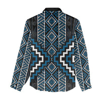 Azure Tukutuku Pattern Aotearoa Women Casual Shirt Niho Taniwha and Puhoro Motifs
