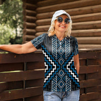 Azure Tukutuku Pattern Aotearoa Women Polo Shirt Niho Taniwha and Puhoro Motifs