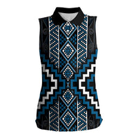 Azure Tukutuku Pattern Aotearoa Women Sleeveless Polo Shirt Niho Taniwha and Puhoro Motifs