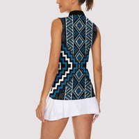 Azure Tukutuku Pattern Aotearoa Women Sleeveless Polo Shirt Niho Taniwha and Puhoro Motifs
