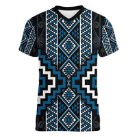 Azure Tukutuku Pattern Aotearoa Women V-Neck T-Shirt Niho Taniwha and Puhoro Motifs