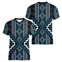 Azure Tukutuku Pattern Aotearoa Women V-Neck T-Shirt Niho Taniwha and Puhoro Motifs