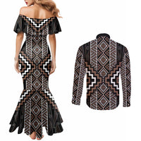 Classic Tukutuku Pattern Aotearoa Couples Matching Mermaid Dress and Long Sleeve Button Shirt Niho Taniwha and Puhoro Motifs