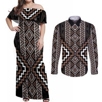 Classic Tukutuku Pattern Aotearoa Couples Matching Off Shoulder Maxi Dress and Long Sleeve Button Shirt Niho Taniwha and Puhoro Motifs LT7 Brown - Polynesian Pride