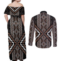 Classic Tukutuku Pattern Aotearoa Couples Matching Off Shoulder Maxi Dress and Long Sleeve Button Shirt Niho Taniwha and Puhoro Motifs LT7 - Polynesian Pride