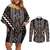 Classic Tukutuku Pattern Aotearoa Couples Matching Off Shoulder Short Dress and Long Sleeve Button Shirt Niho Taniwha and Puhoro Motifs LT7 Brown - Polynesian Pride