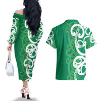 Pounamu Green Maori Couples Matching Off The Shoulder Long Sleeve Dress and Hawaiian Shirt Koru Kowhaiwhai - Polynesian Pride