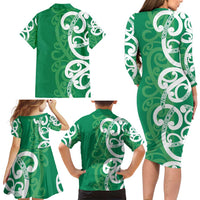Pounamu Green Maori Family Matching Long Sleeve Bodycon Dress and Hawaiian Shirt Koru Kowhaiwhai - Polynesian Pride