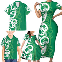 Pounamu Green Maori Family Matching Short Sleeve Bodycon Dress and Hawaiian Shirt Koru Kowhaiwhai - Polynesian Pride