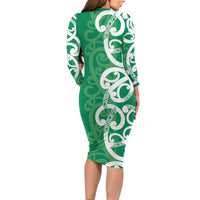 Pounamu Green Maori Long Sleeve Bodycon Dress Koru Kowhaiwhai - Polynesian Pride