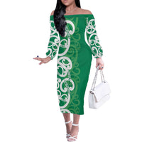 Pounamu Green Maori Off The Shoulder Long Sleeve Dress Koru Kowhaiwhai - Polynesian Pride