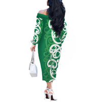 Pounamu Green Maori Off The Shoulder Long Sleeve Dress Koru Kowhaiwhai - Polynesian Pride