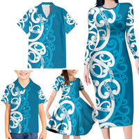 Azure Blue Maori Family Matching Long Sleeve Bodycon Dress and Hawaiian Shirt Koru Kowhaiwhai - Polynesian Pride