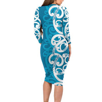 Azure Blue Maori Family Matching Long Sleeve Bodycon Dress and Hawaiian Shirt Koru Kowhaiwhai - Polynesian Pride