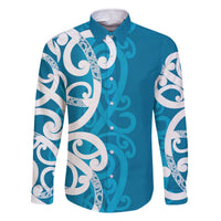 Azure Blue Maori Family Matching Off The Shoulder Long Sleeve Dress and Hawaiian Shirt Koru Kowhaiwhai LT7 Dad's Shirt - Long Sleeve Blue - Polynesian Pride