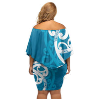 Azure Blue Maori Family Matching Off Shoulder Short Dress and Hawaiian Shirt Koru Kowhaiwhai - Polynesian Pride