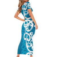 Azure Blue Maori Family Matching Short Sleeve Bodycon Dress and Hawaiian Shirt Koru Kowhaiwhai - Polynesian Pride