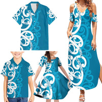 Azure Blue Maori Family Matching Summer Maxi Dress and Hawaiian Shirt Koru Kowhaiwhai - Polynesian Pride
