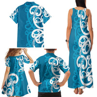 Azure Blue Maori Family Matching Tank Maxi Dress and Hawaiian Shirt Koru Kowhaiwhai - Polynesian Pride