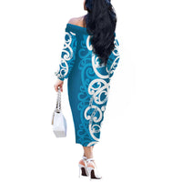 Azure Blue Maori Off The Shoulder Long Sleeve Dress Koru Kowhaiwhai - Polynesian Pride