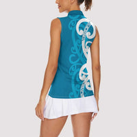 Azure Blue Maori Women Sleeveless Polo Shirt Koru Kowhaiwhai - Polynesian Pride
