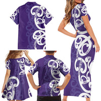Violet Green Maori Family Matching Short Sleeve Bodycon Dress and Hawaiian Shirt Koru Kowhaiwhai - Polynesian Pride
