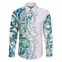 Paua Shell Maori Family Matching Puletasi and Hawaiian Shirt Koru Kowhaiwhai LT7 Dad's Shirt - Long Sleeve White - Polynesian Pride