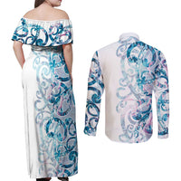 Turquoise Paua Shell Maori Couples Matching Off Shoulder Maxi Dress and Long Sleeve Button Shirt Koru Kowhaiwhai - Polynesian Pride
