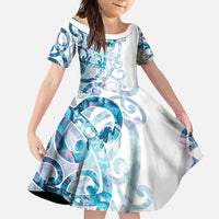 Turquoise Paua Shell Maori Family Matching Mermaid Dress and Hawaiian Shirt Koru Kowhaiwhai LT7 Daughter's Dress White - Polynesian Pride