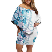 Turquoise Paua Shell Maori Off Shoulder Short Dress Koru Kowhaiwhai LT7 Women White - Polynesian Pride