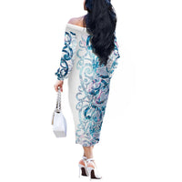 Turquoise Paua Shell Maori Off The Shoulder Long Sleeve Dress Koru Kowhaiwhai - Polynesian Pride