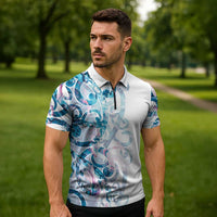 Turquoise Paua Shell Maori Zipper Polo Shirt Koru Kowhaiwhai LT7 - Polynesian Pride