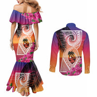 Guam Chamorro Couples Matching Mermaid Dress and Long Sleeve Button Shirt Artsy Latte Stone