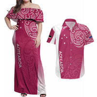 Personalised New Zealand Rugby Couples Matching Off Shoulder Maxi Dress and Hawaiian Shirt Aotearoa Champions - Pink Version