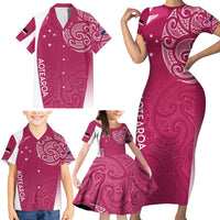 Personalised New Zealand Rugby Family Matching Short Sleeve Bodycon Dress and Hawaiian Shirt Aotearoa Champions - Pink Version