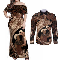 Father's Day Polynesian Pattern Couples Matching Off Shoulder Maxi Dress and Long Sleeve Button Shirt Tropical Humpback Whale LT7 Brown - Polynesian Pride