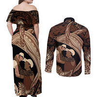 Father's Day Polynesian Pattern Couples Matching Off Shoulder Maxi Dress and Long Sleeve Button Shirt Tropical Humpback Whale LT7 - Polynesian Pride